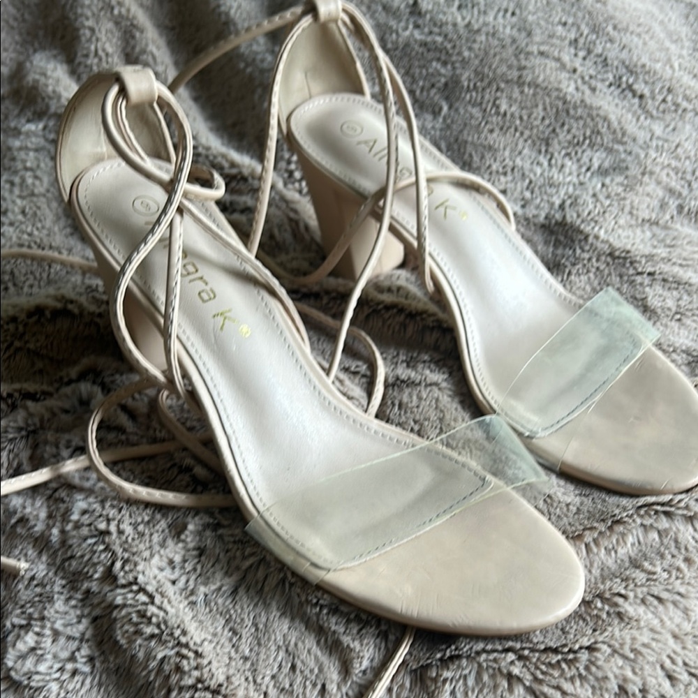 Cream and Pink Lace-Up Heels with Strappy Design